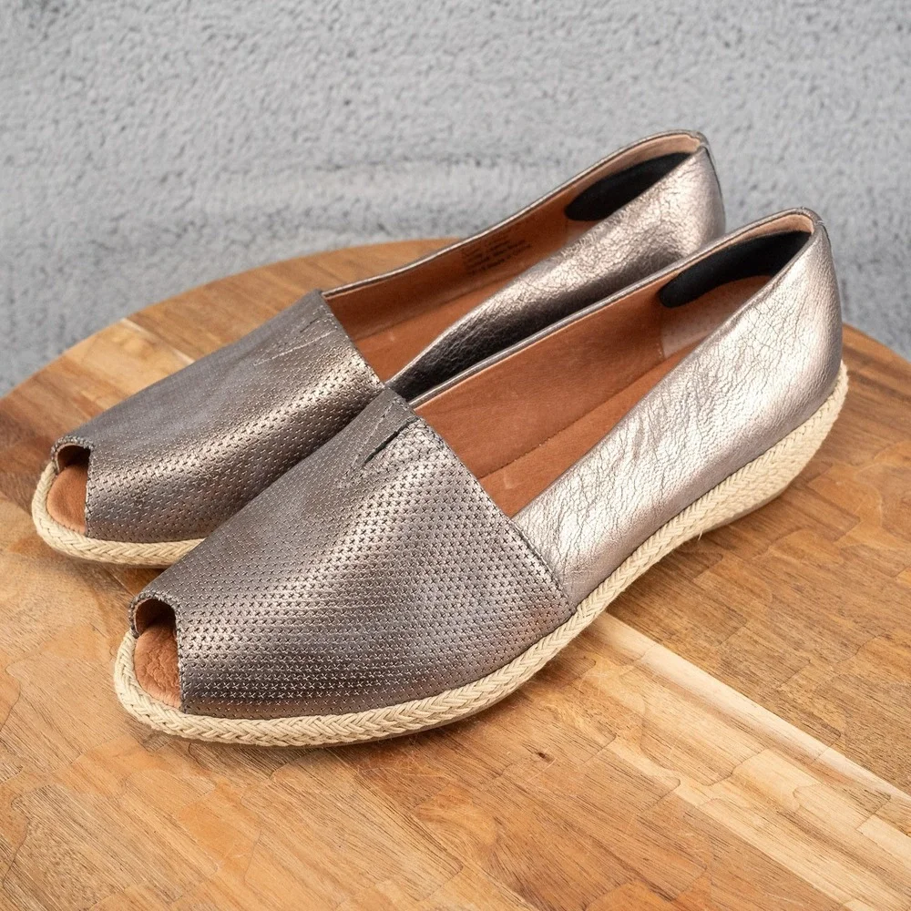 Gentle Souls Lucia A-Line 2 Espadrille Peep Toe Sandals Bronze Leather Women 8.5